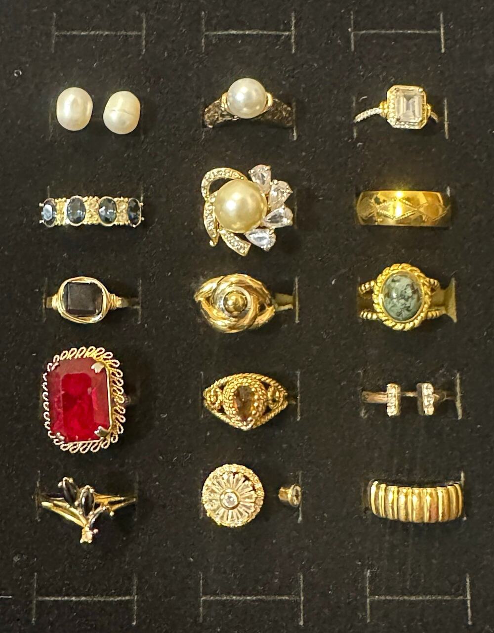 Estate Ring Lot 15pc - Gold Tone Statement, Faux Pearl, Rhinestone, Retro